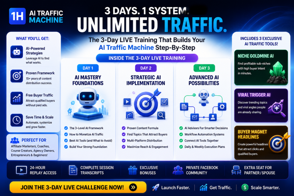1-Hour AI Traffic Machine infographic showing the 3-day live AI training breakdown, the 3-level implementation framework, exclusive AI traffic tools, and bonuses designed to generate free compounding buyer traffic.