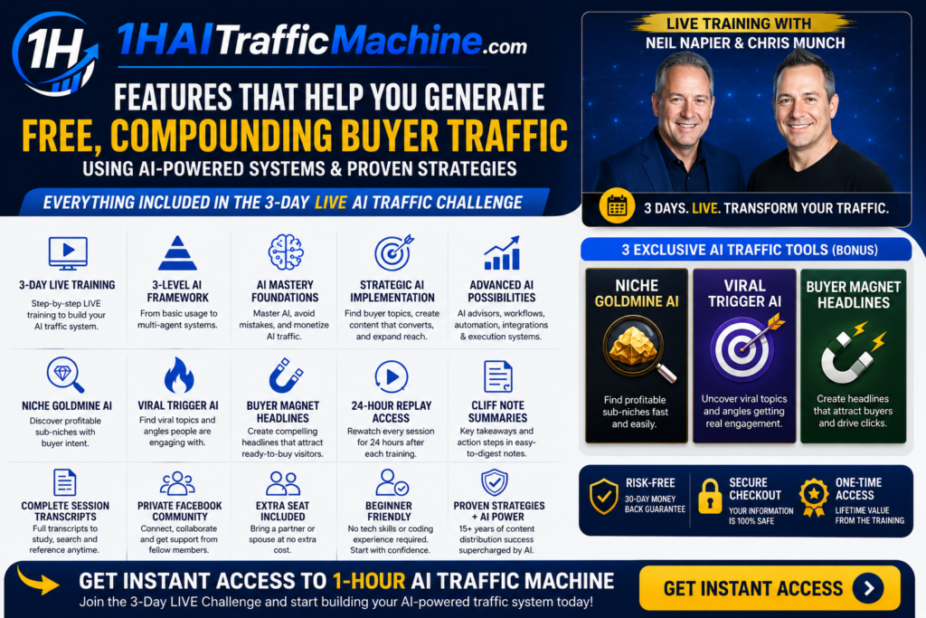 1-Hour AI Traffic Machine features infographic showcasing the 3-day LIVE AI challenge, 3-level implementation framework, exclusive AI traffic tools, replay access, community support, and bonus resources included in the program.