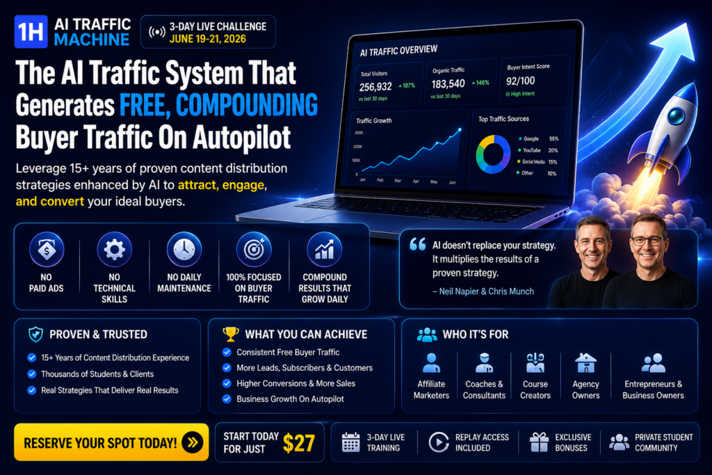 1-Hour AI Traffic Machine infographic illustrating how the AI-powered traffic system generates free compounding buyer traffic using proven content distribution strategies, live training, and AI automation.