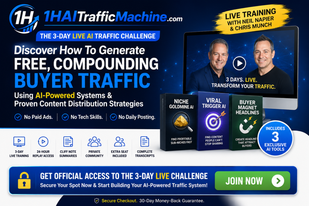 1-Hour AI Traffic Machine official website banner featuring the 3-day LIVE AI traffic challenge, Neil Napier and Chris Munch, exclusive AI traffic tools, and secure access to the official training program.