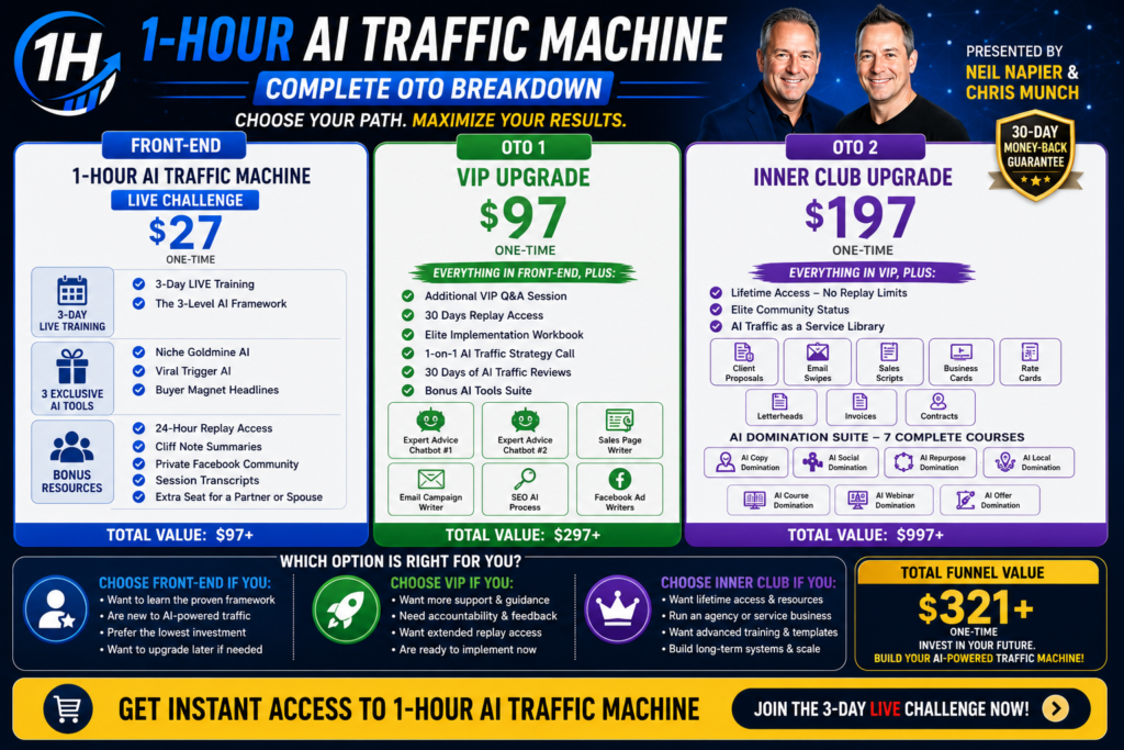 1-Hour AI Traffic Machine OTO guide infographic comparing the $27 LIVE Challenge, $97 VIP Upgrade, and $197 Inner Club Upgrade, including features, bonuses, and upgrade benefits.
