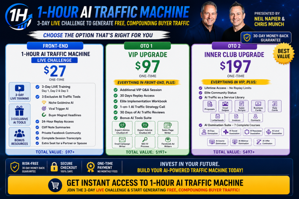 1-Hour AI Traffic Machine pricing comparison chart displaying the $27 LIVE Challenge, $97 VIP Upgrade, and $197 Inner Club Upgrade, including features, bonus AI tools, and training benefits.